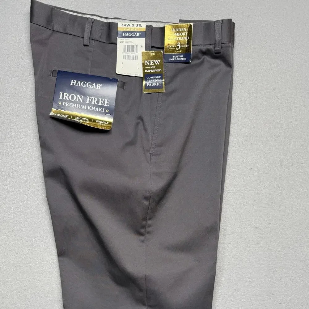 HAGGAR Men's Classic-Fit Solid Flat Front Dress Pants, dark grey 34X31 $70